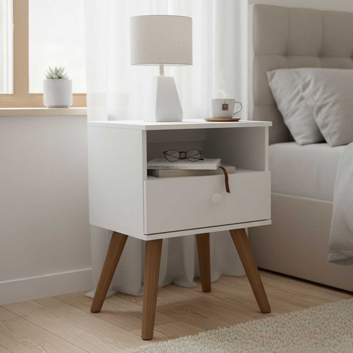 STANFORD - Velador 1 Cajón(es) 1 Cajones 34x54x30 cm Blanco