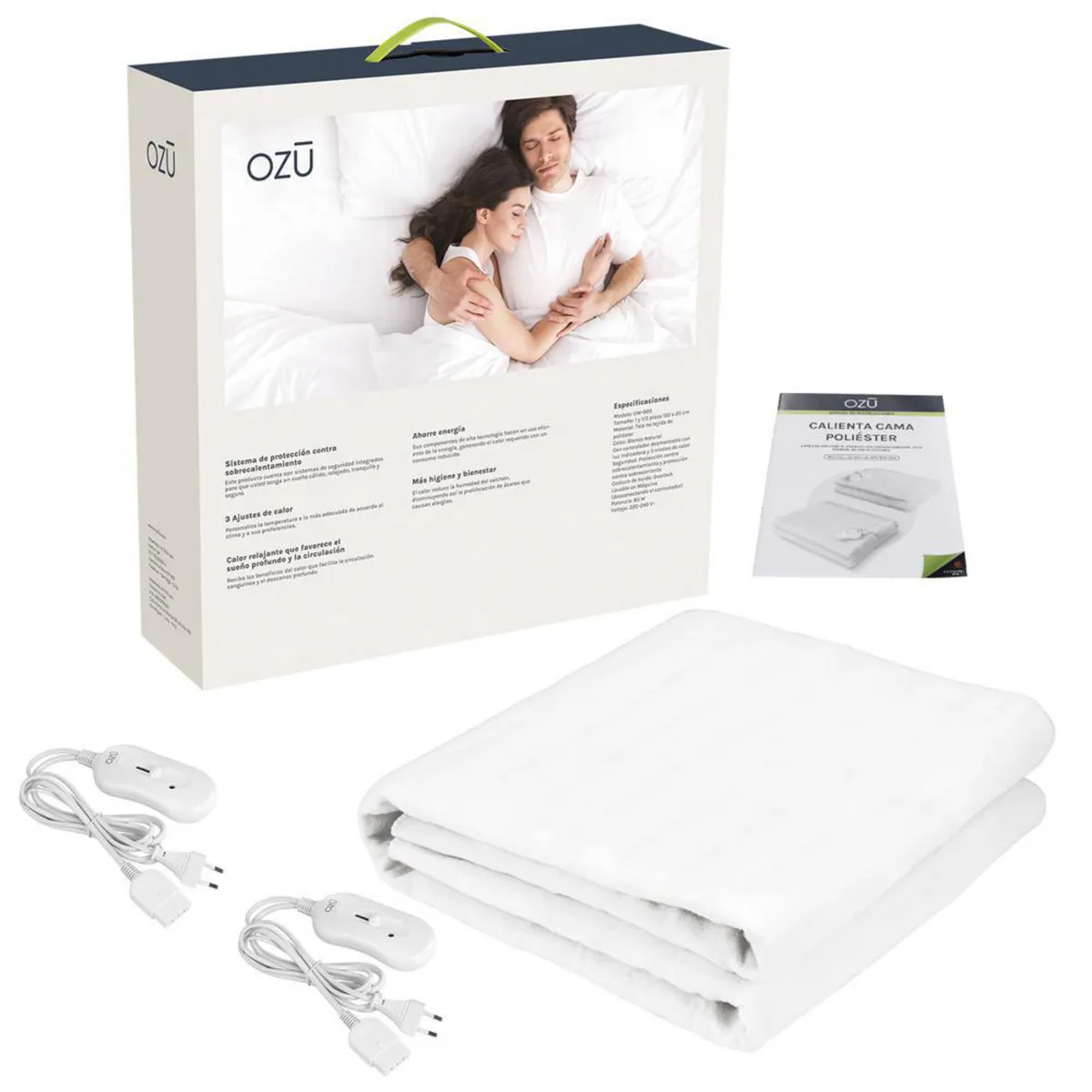 OZU - Calientacamas Eléctrica Poliéster 2 plazas 100 W Blanco