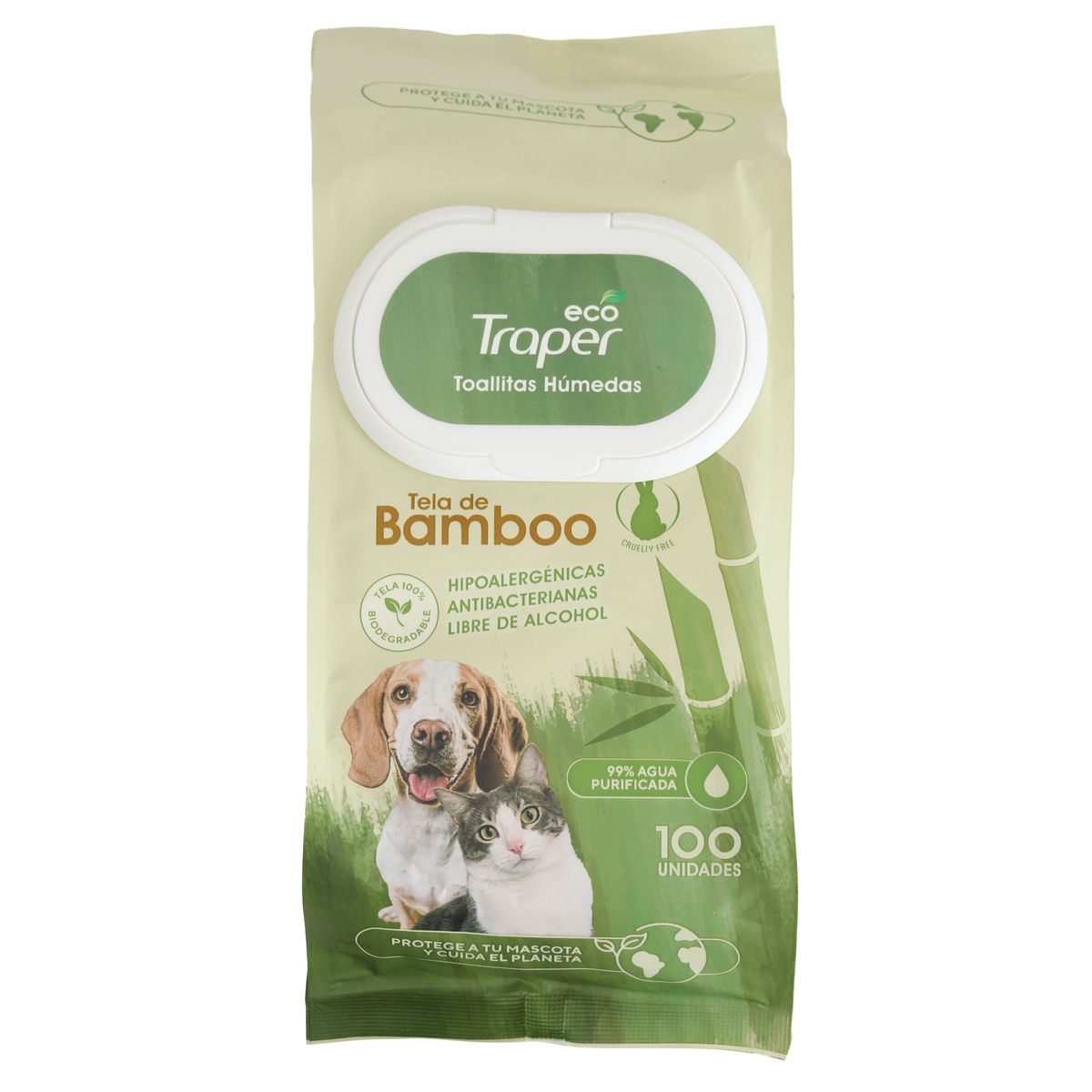 TRAPER - 100 Toallitas humedas para mascota aroma bambu ecologicas
