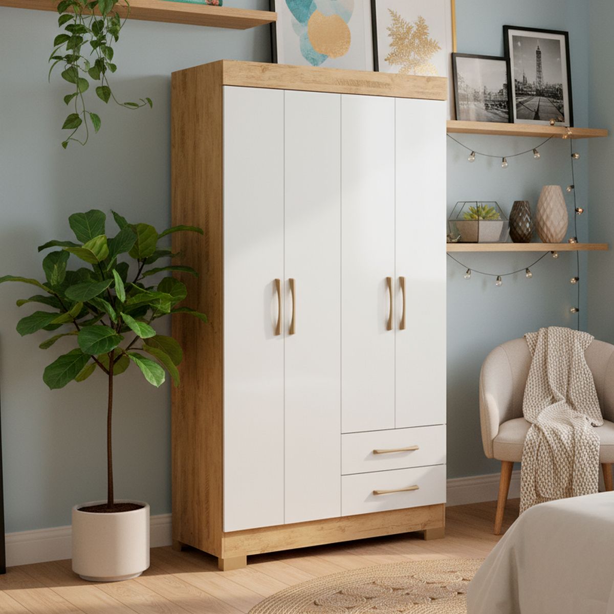 DI PORETTI - Clóset Escocia 4 Puerta(s) 2 Cajón(es) 4 Repisa(s) 105.2x182x45 cm Blanco/Café