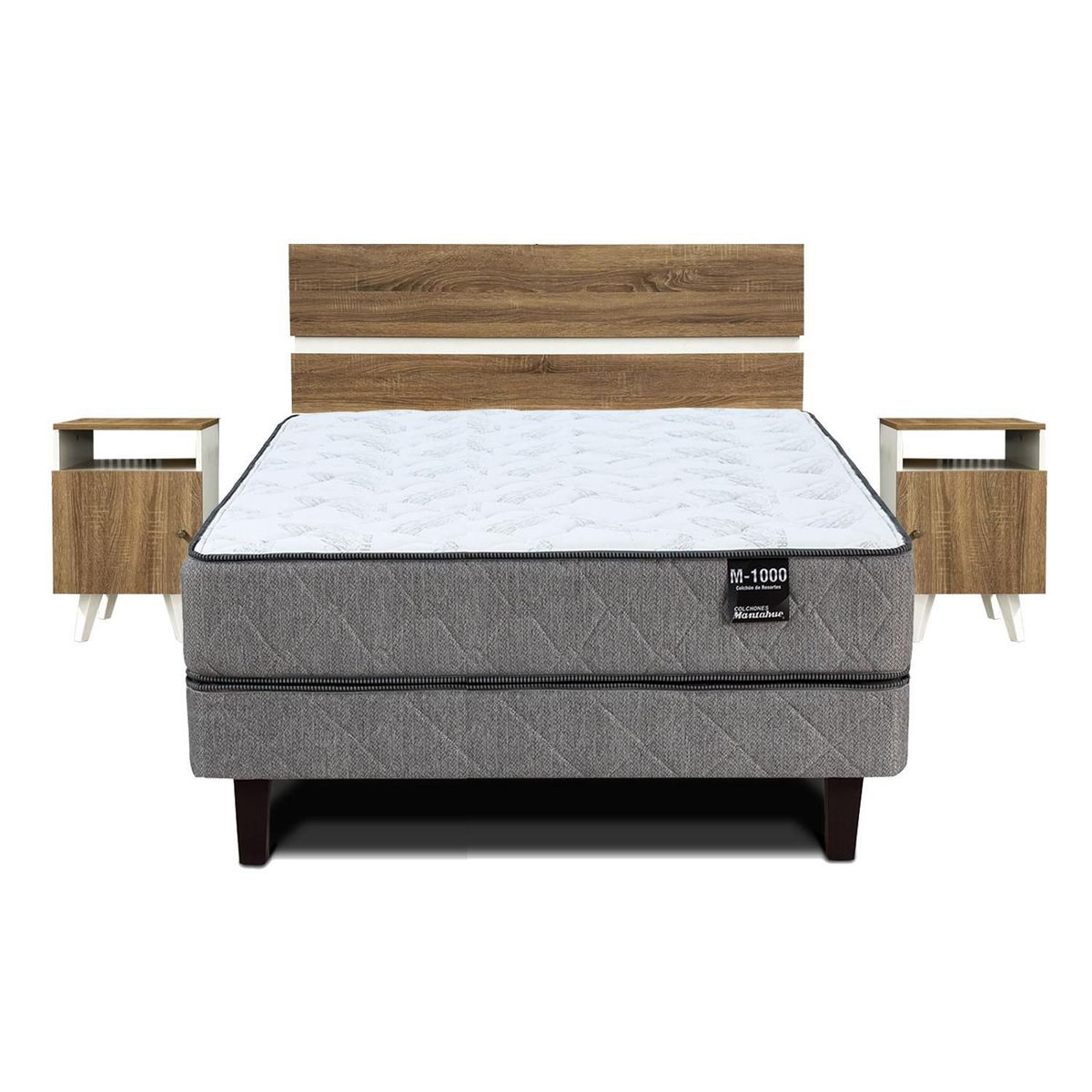 MANTAHUE - Cama Europea M 1000 2 Plazas B/D + Respaldo + 2 Veladores Pucara