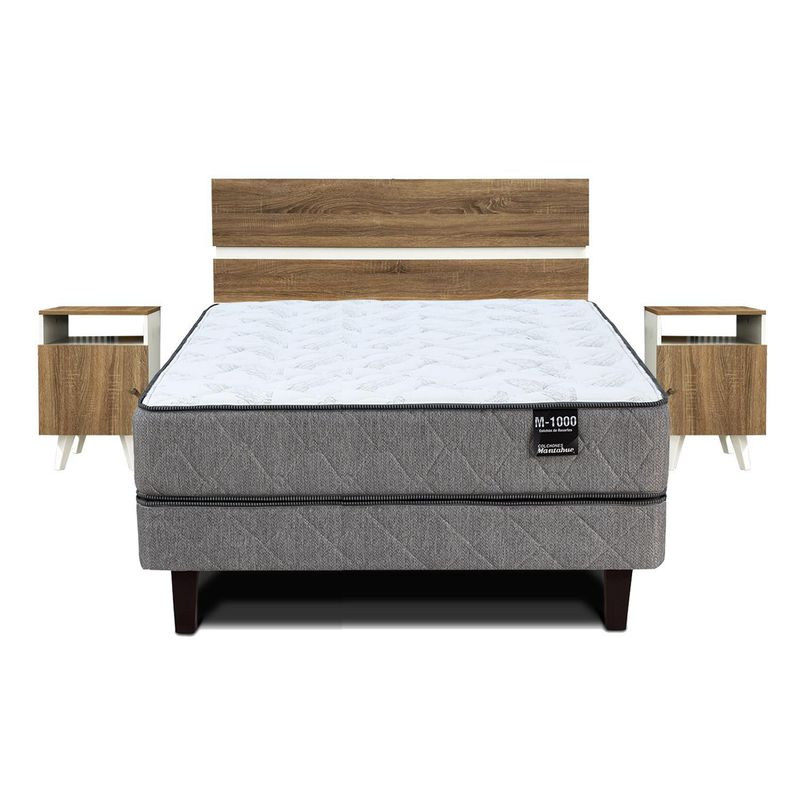 MANTAHUE - Cama Europea M 1000 2 plazas B/D + respaldo + 2 veladores Pucara