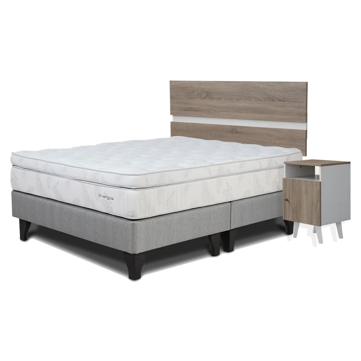 MANTAHUE - Cama Europea Energos pocket uno 2 plazas B/D + respado + 2 veladores Pucara