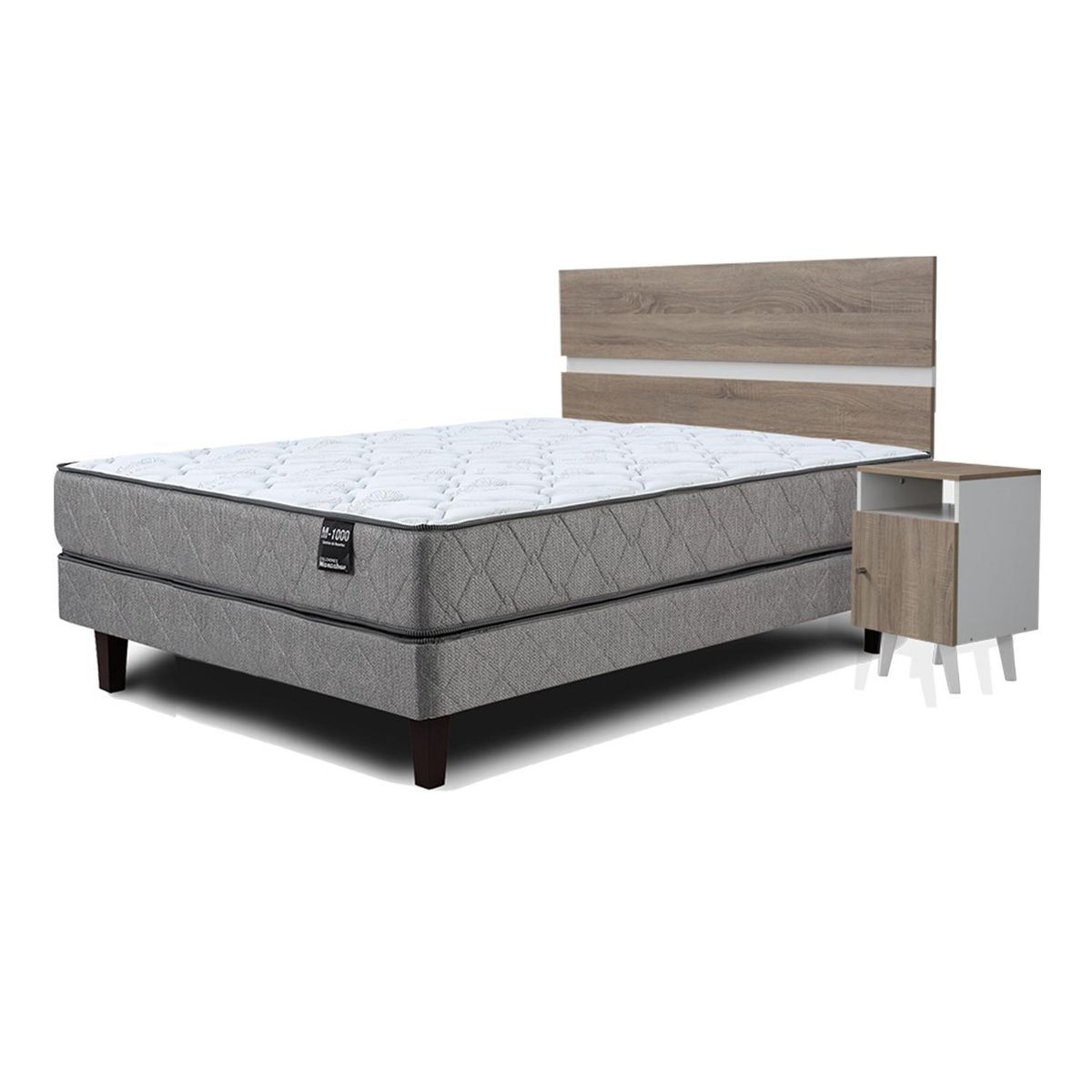 MANTAHUE - Cama Europea M 1000 2 plazas + respaldo + 2 veladores Pucara