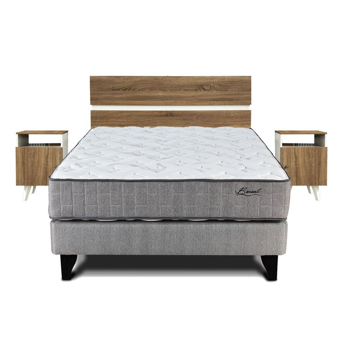 MANTAHUE - Cama Europea Boreal Dos 2 Plazas + Respaldo + 2 Veladores Pucara