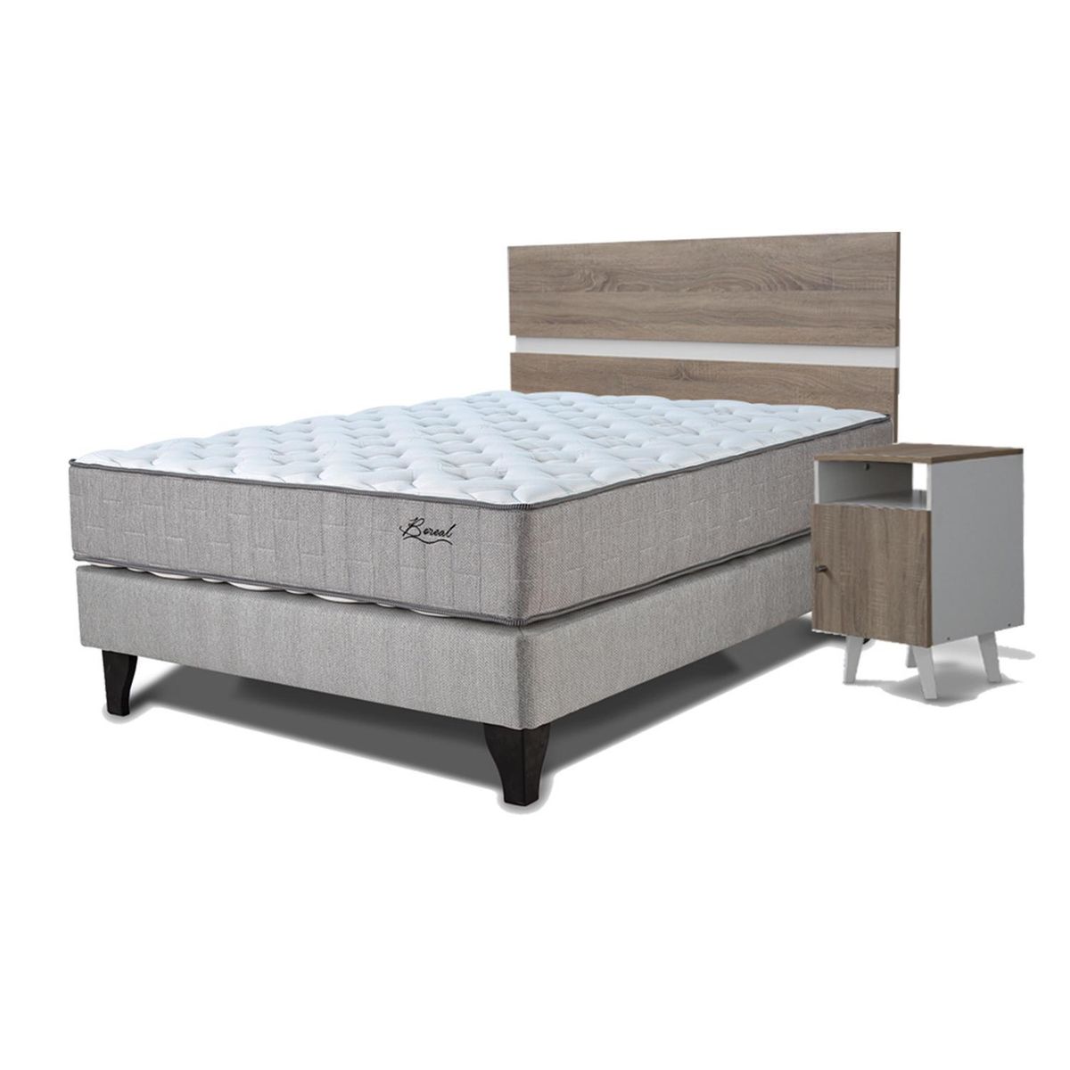 MANTAHUE - Cama Europea Boreal dos 2 plazas + respaldo + 2 veladores Pucara