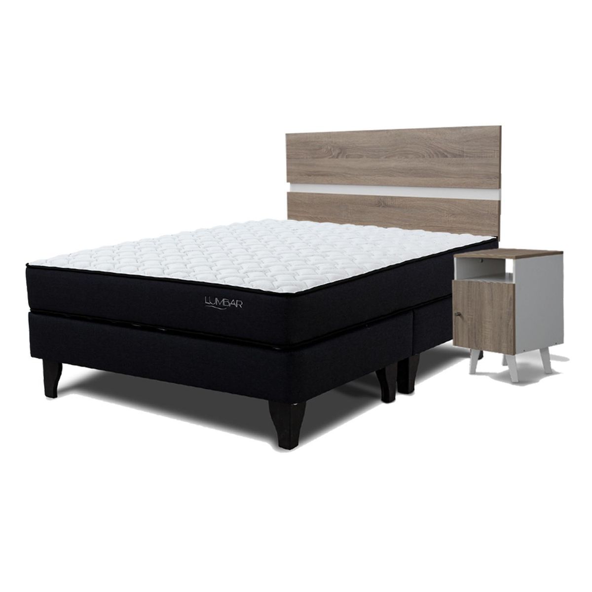 MANTAHUE - Cama Europea Lumbar 2 plazas B/D + respaldo + 2 veladores Pucara