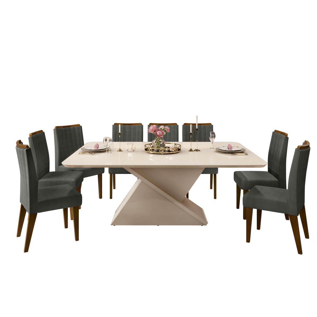 DI PORETTI - Juego de Comedor Zafira 8 Sillas Mesa Rectangular 100x82x200 cm Blanco