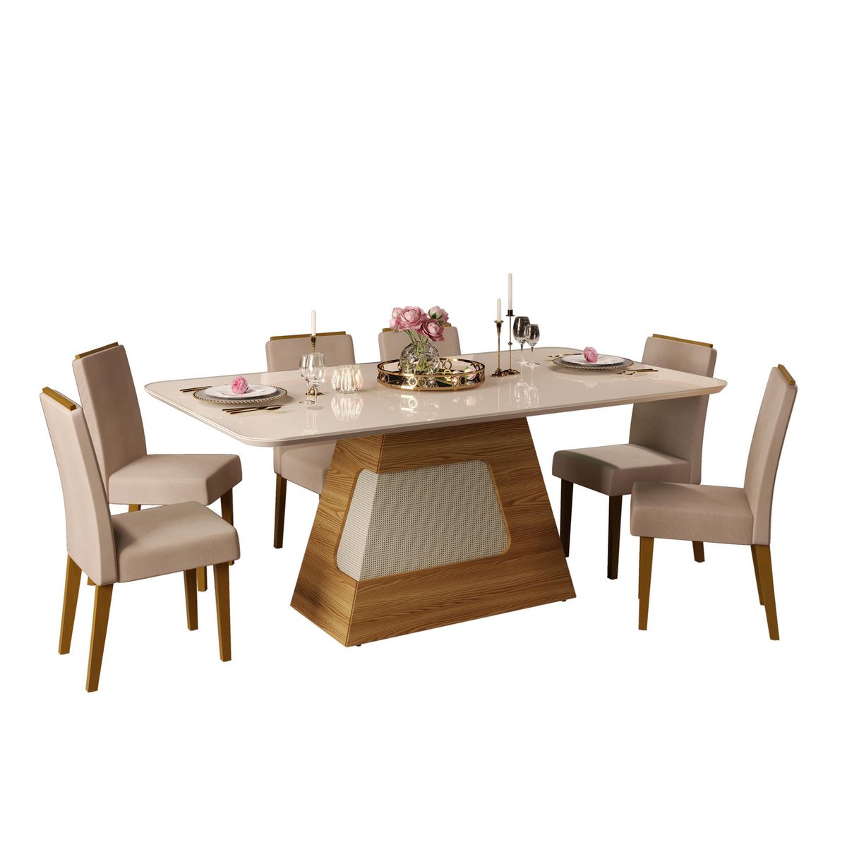 DI PORETTI - Juego de Comedor Anastasia 6 Sillas Mesa Rectangular 80x90x200 cm Blanco