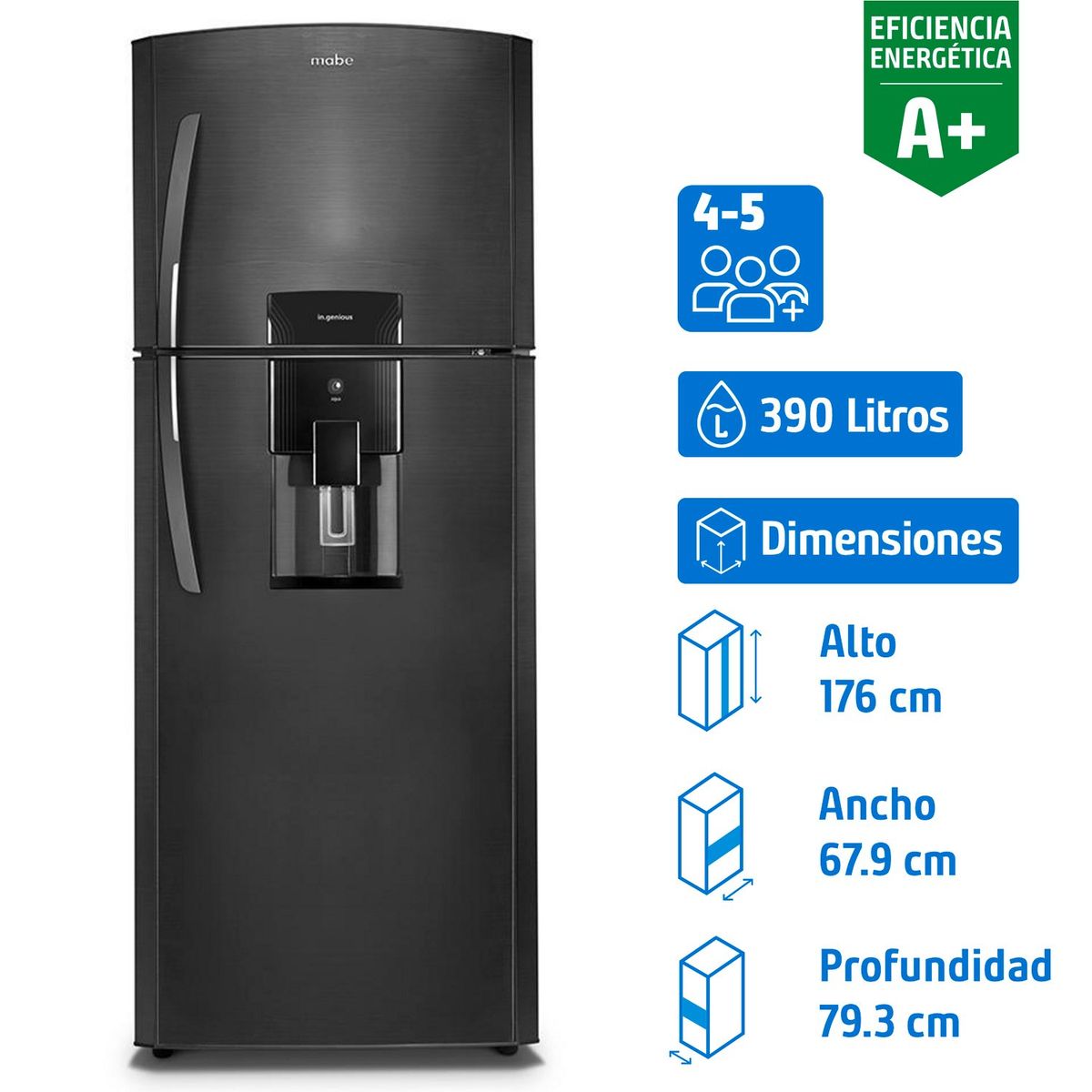 MABE - Refrigerador Top Freezer No Frost 390 Litros Black Steel RMP400FYUC
