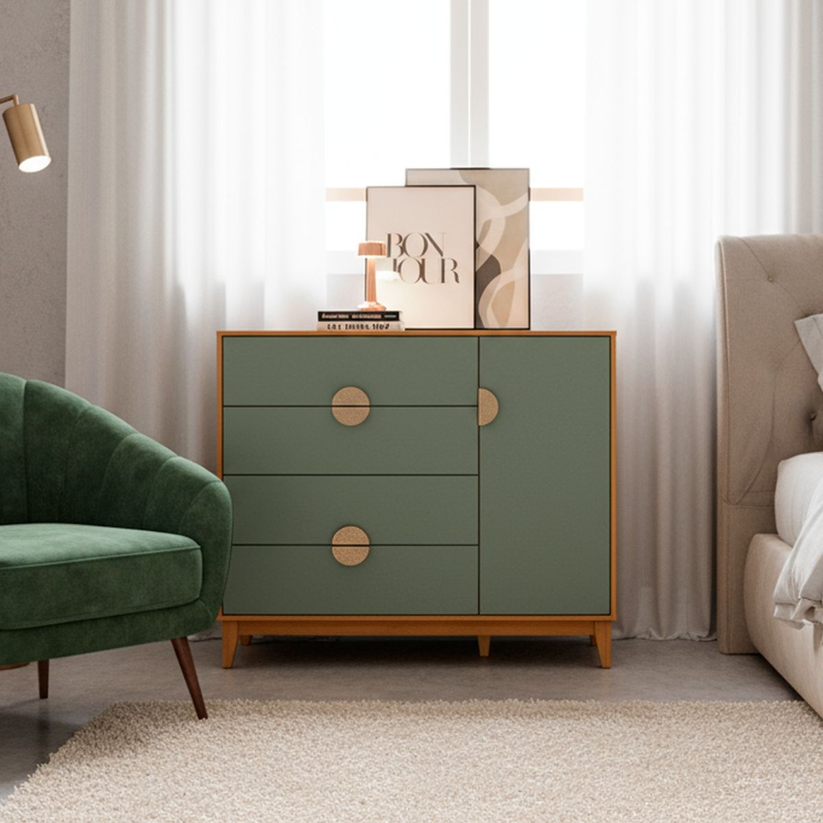 VEKKAHOME - Cómoda 1 Puerta 4 Cajón(es) Ipe 120x101x47 cm Verde