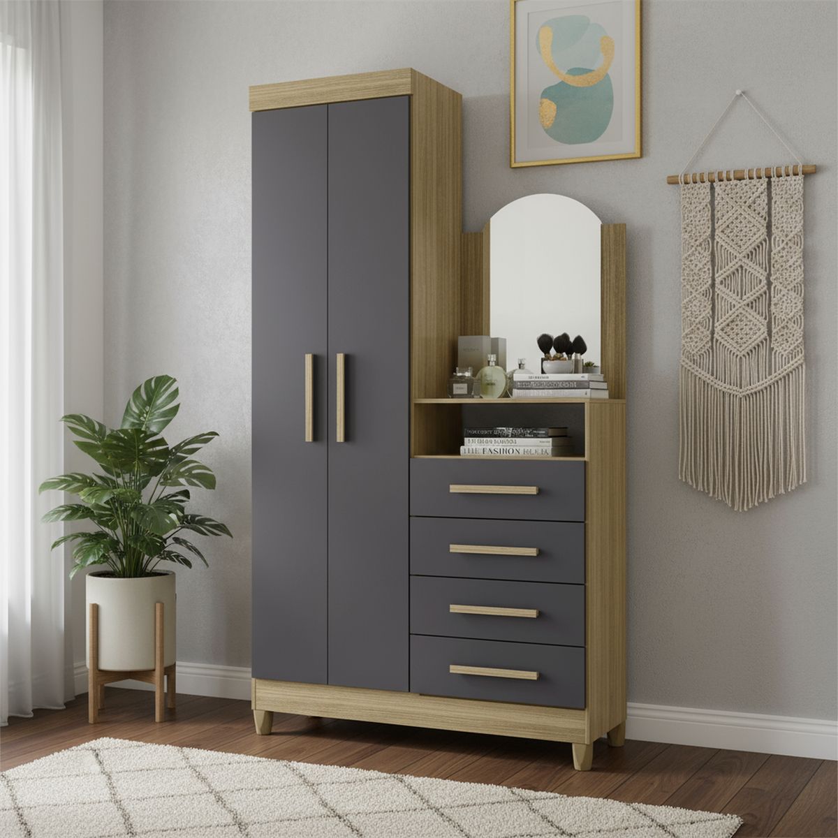 VEKKAHOME - Cómoda 2 Puertas 4 Cajón(es) Capri 103x179x38 cm Grafito