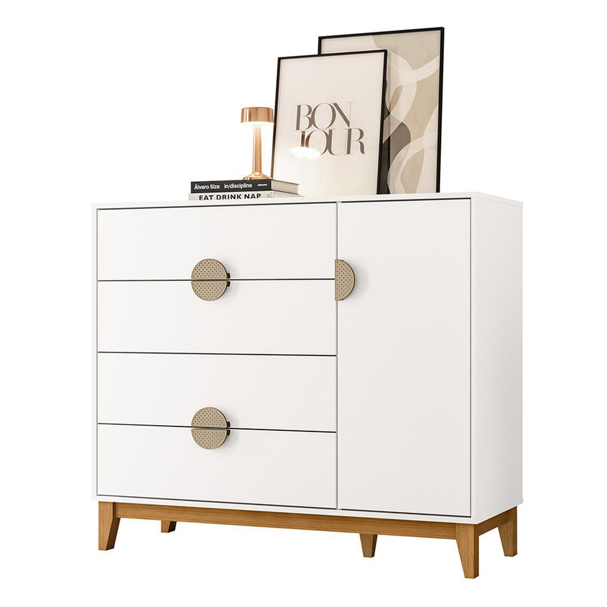 VEKKAHOME - Cómoda 1 Puerta 4 Cajón(es) Ipe 120x101x47 cm Blanco