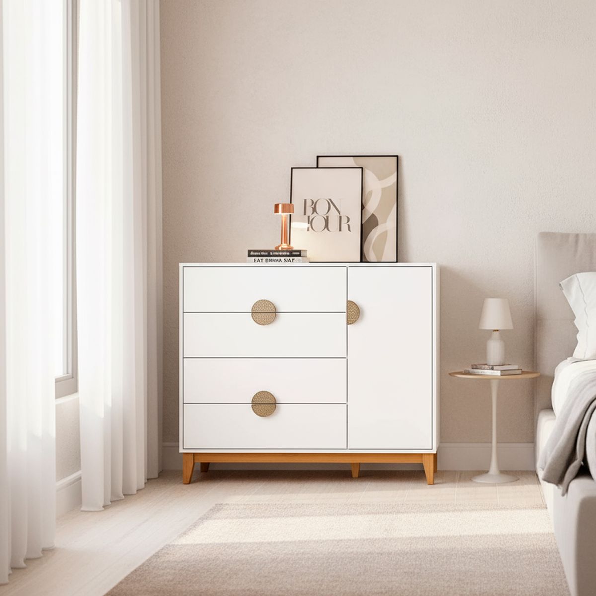 VEKKAHOME - Cómoda 1 Puerta 4 Cajón(es) Ipe 120x101x47 cm Blanco