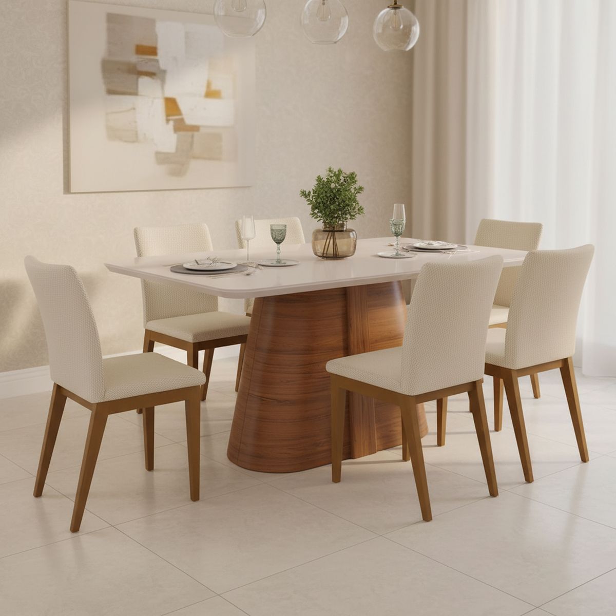 VEKKAHOME - Juego de Comedor Ryze 6 Sillas Mesa Rectangular 100x81x180 cm Café/Beige