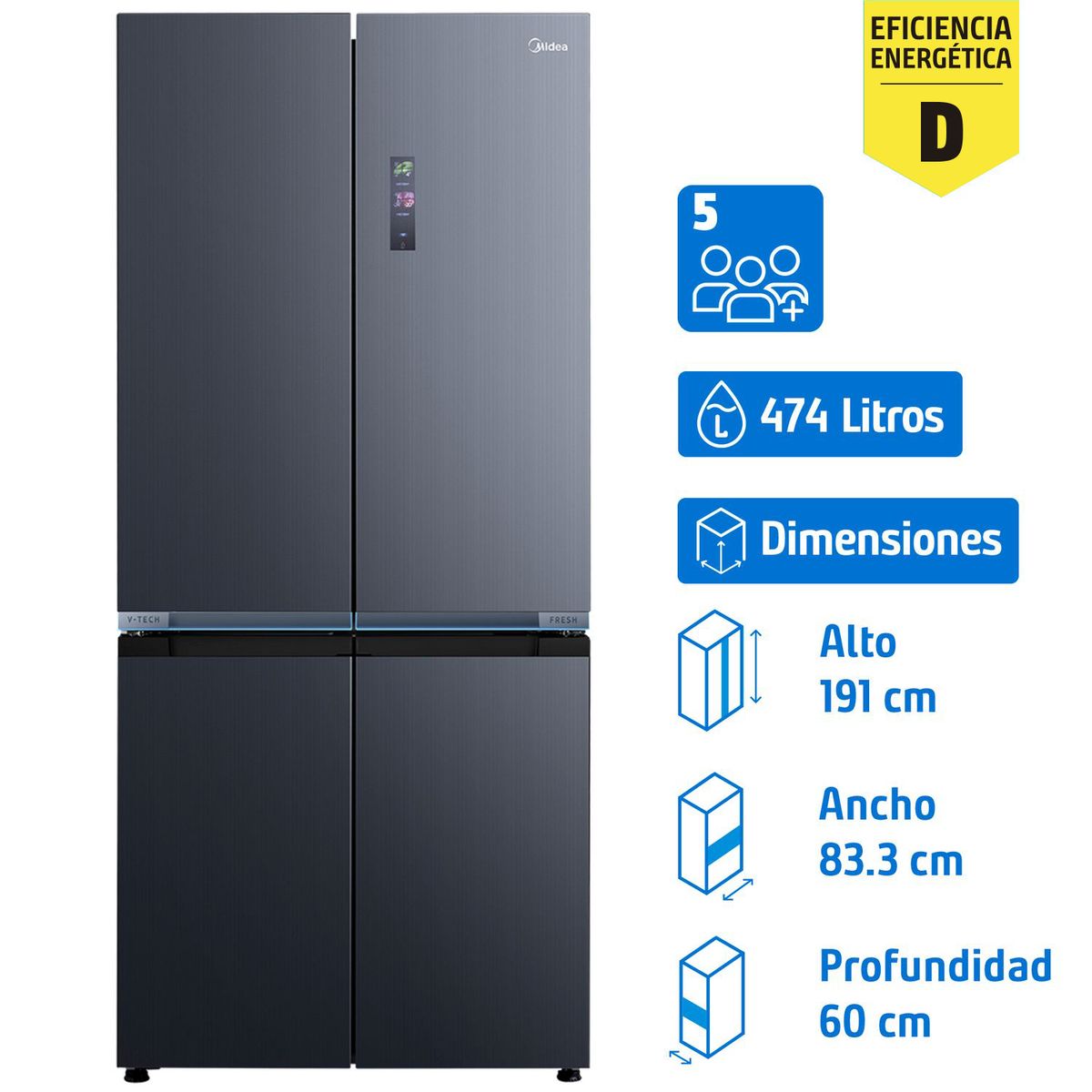 MIDEA - Refrigerador Perfect Fit Multidoor No Frost 474 Litros Grey MDRMD706BIE70