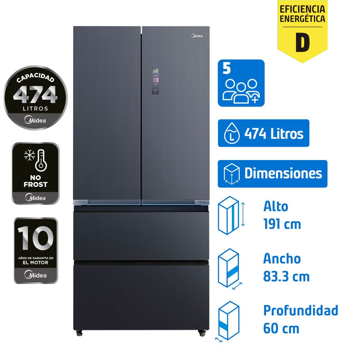 MIDEA - Refrigerador French Door No Frost 474 Litros Grey MDRFD705BIE70