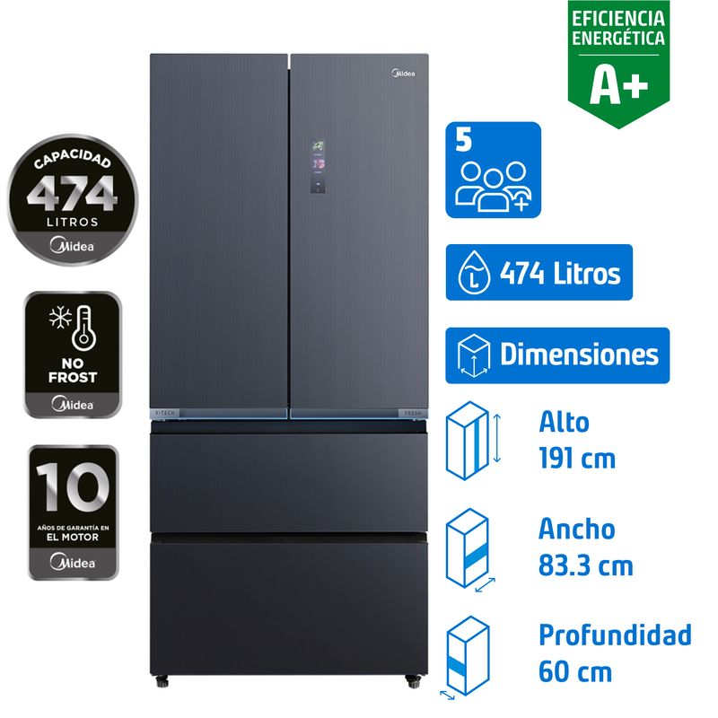 MIDEA - Refrigerador 4 Puertas French Door No Frost 474 Litros Grey MDRFD705BIE70