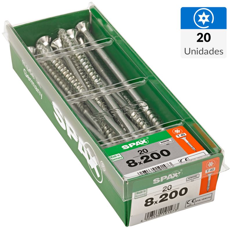 SPAX AMERICAN SCREW - Tornillo Tirafondo Cabeza Plana Madera Aglomerada 200 mm 8 mm 20 Unidades