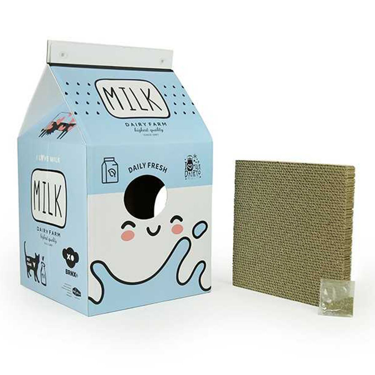 BRNX - Rascador para gato caja de leche color azul, incluye hierba gatera