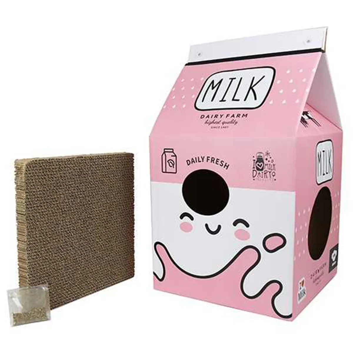 BRNX - Rascador para gato caja de leche color rosado, incluye hierba gatera