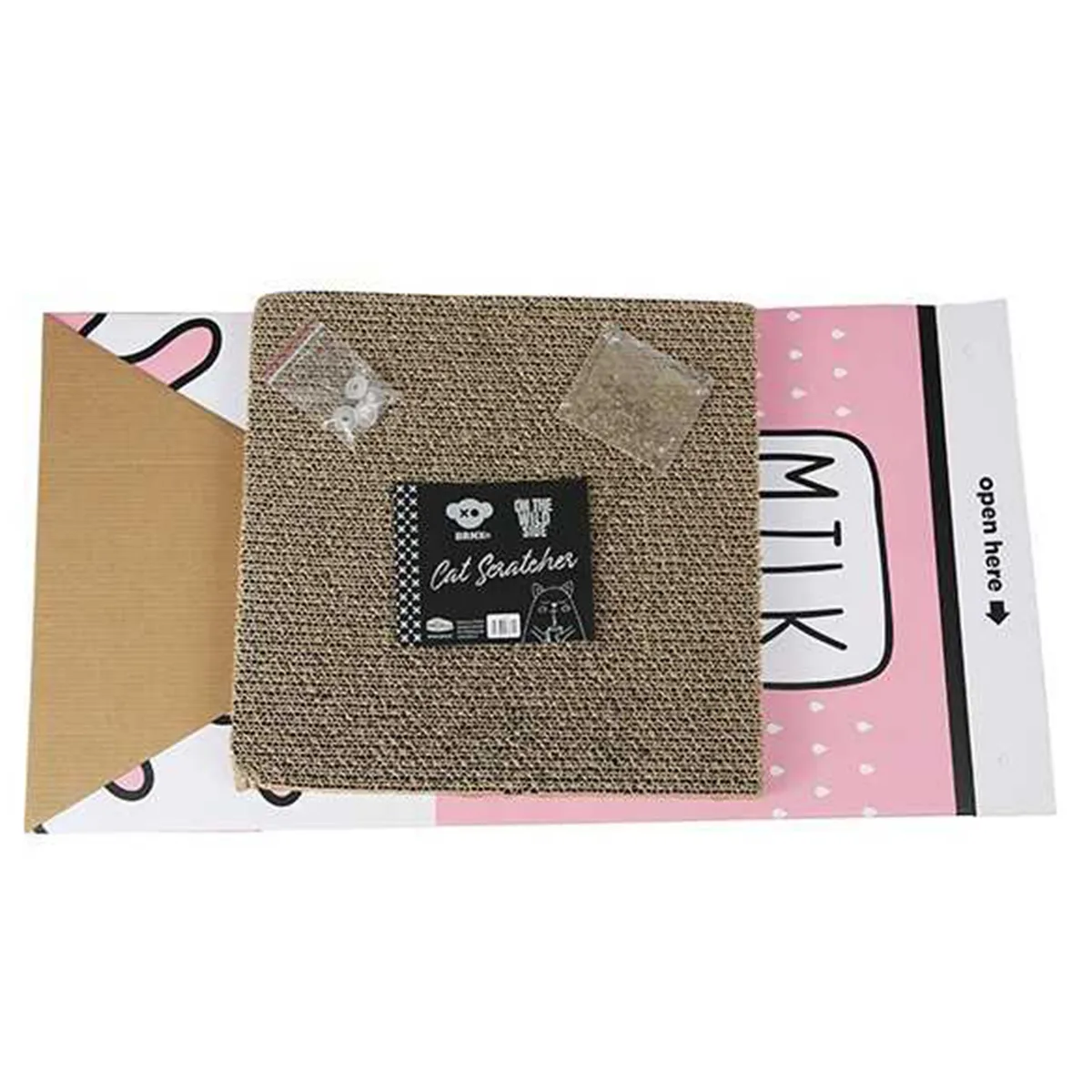 BRNX - Rascador para gato caja de leche color rosado, incluye hierba gatera