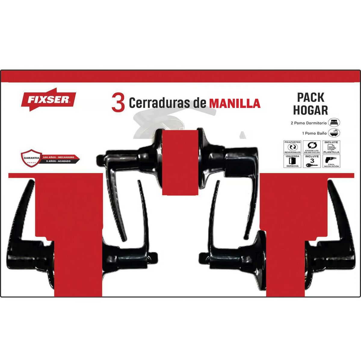FIXSER - Pack 3 manillas Cerradura de dormitorio Manilla Embutida Negro 