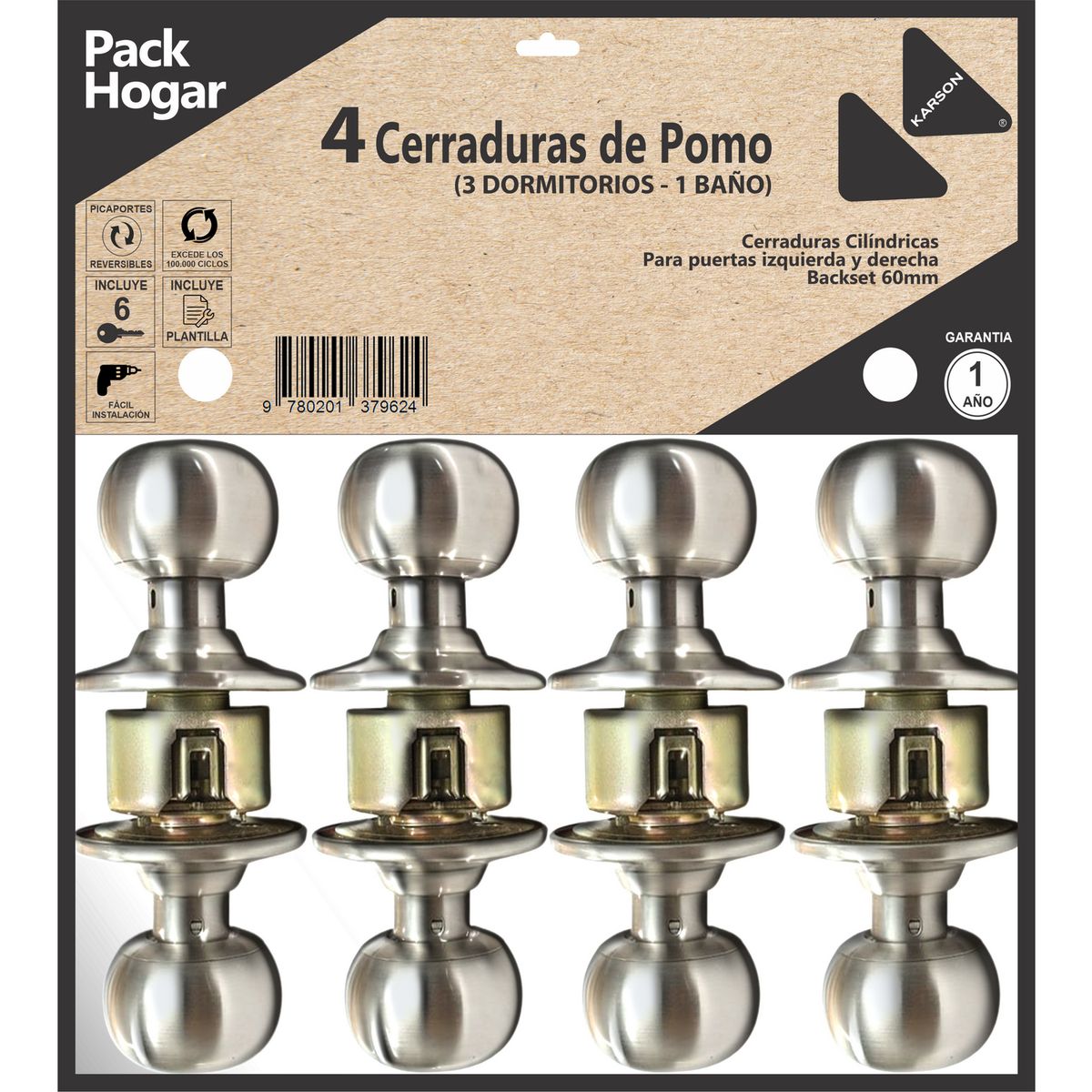 KARSON - Set 4 pomos Cerradura de dormitorio Pomo Embutida Gris 