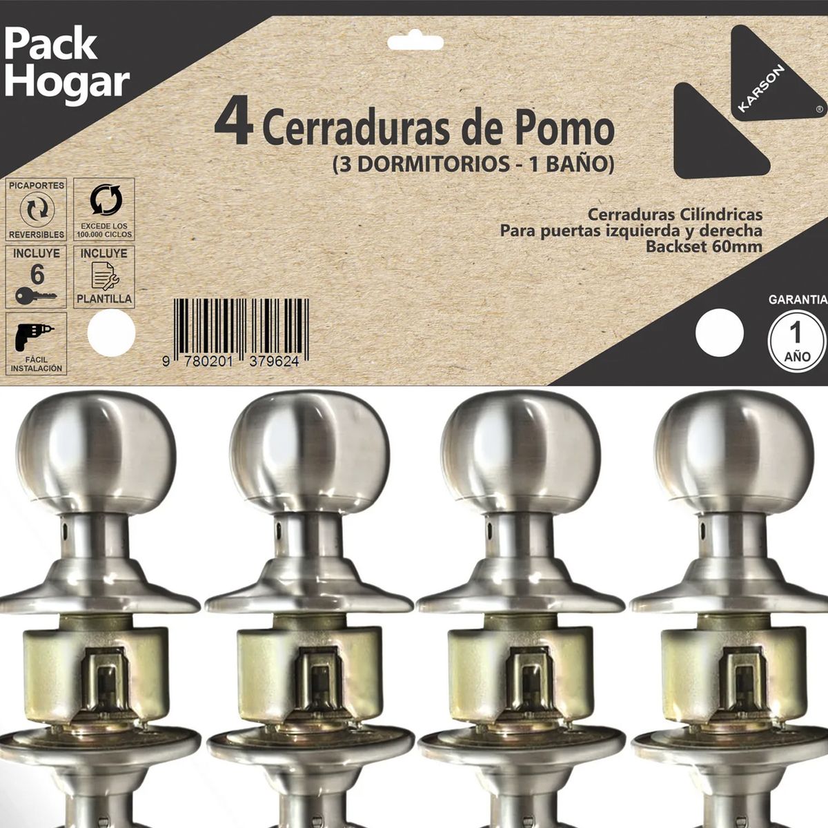 KARSON - Set 4 pomos Cerradura de dormitorio Pomo Embutida Gris 