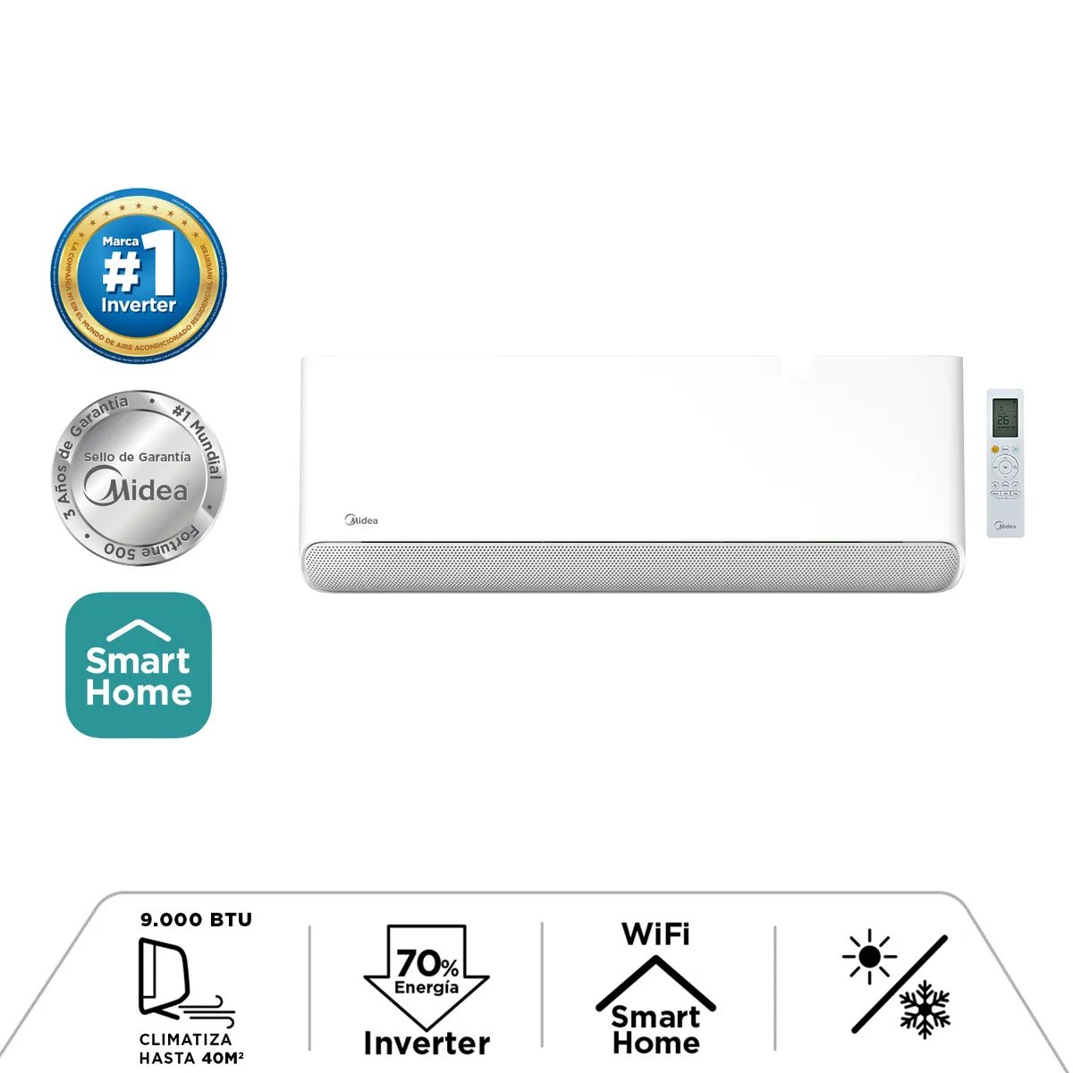 MIDEA - Aire Acondicionado Split Inverter 9000 BTU Breezeless wifi
