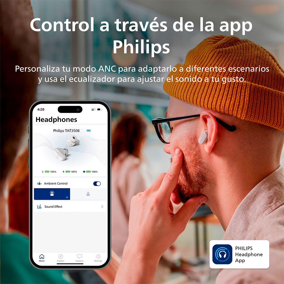 PHILIPS - Audífono Bluetooth Noise Cancelling Tat3508 Blanco