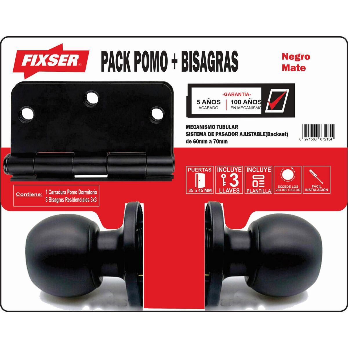 FIXSER - Pack Pomo Bisagras Cerradura de dormitorio Tubular Negro 