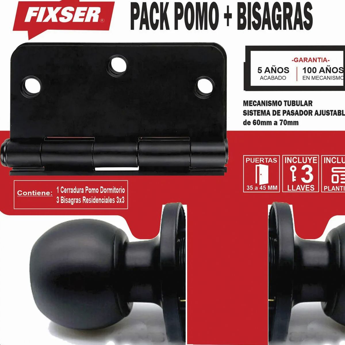 FIXSER - Pack Pomo Bisagras Cerradura de dormitorio Tubular Negro 