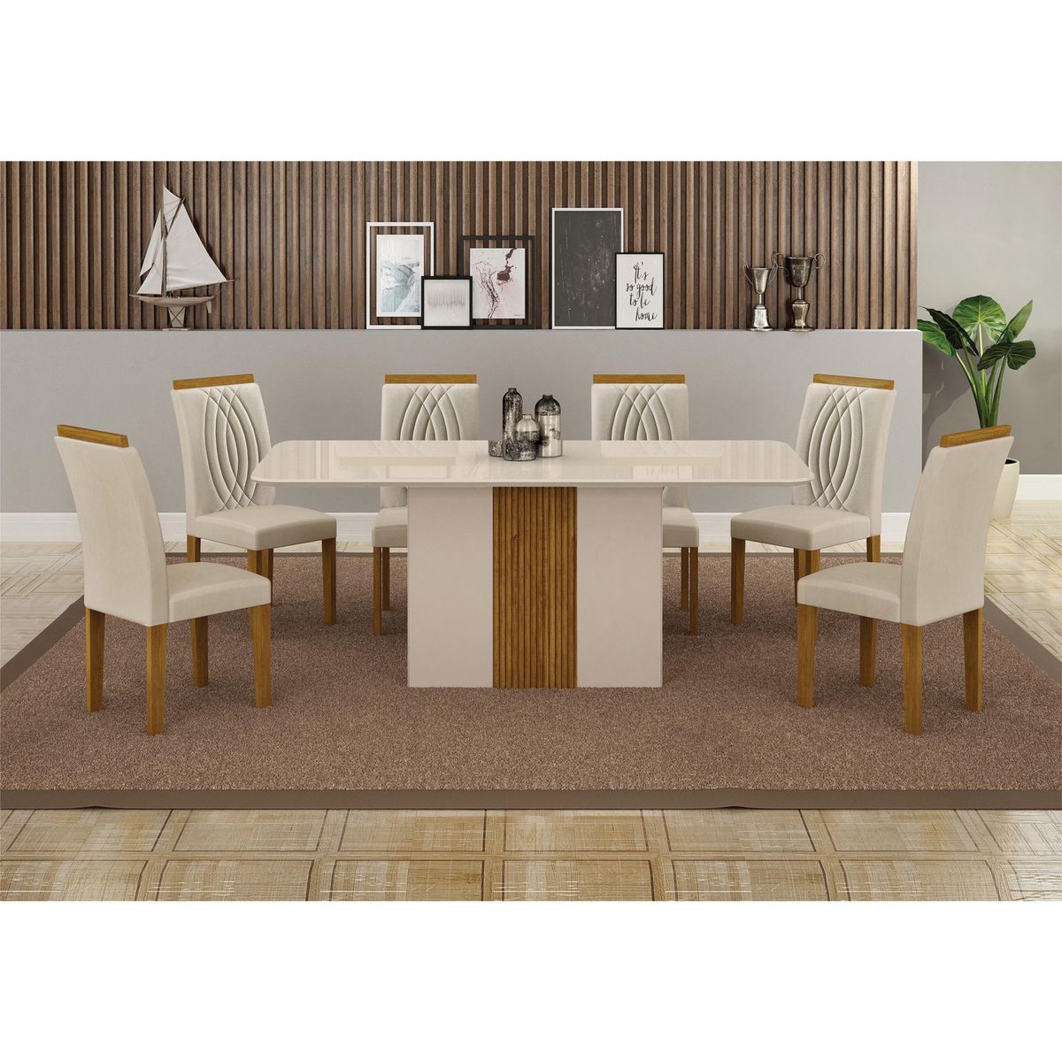 ALTAVISION - Juego de Comedor Doha 6 Sillas Mesa Rectangular 80x75x160 cm Blanco/Café