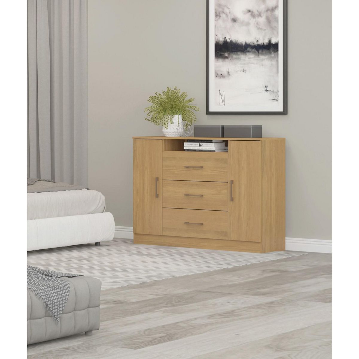 EXIT - Cómoda 2 Puertas 3 Cajón 122x93,5x43 cm Roble