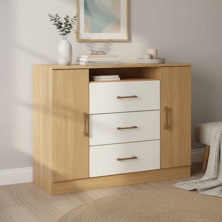 Cómoda 2 Puertas 3 Cajón 122x93,5x43 cm Roble Beige
