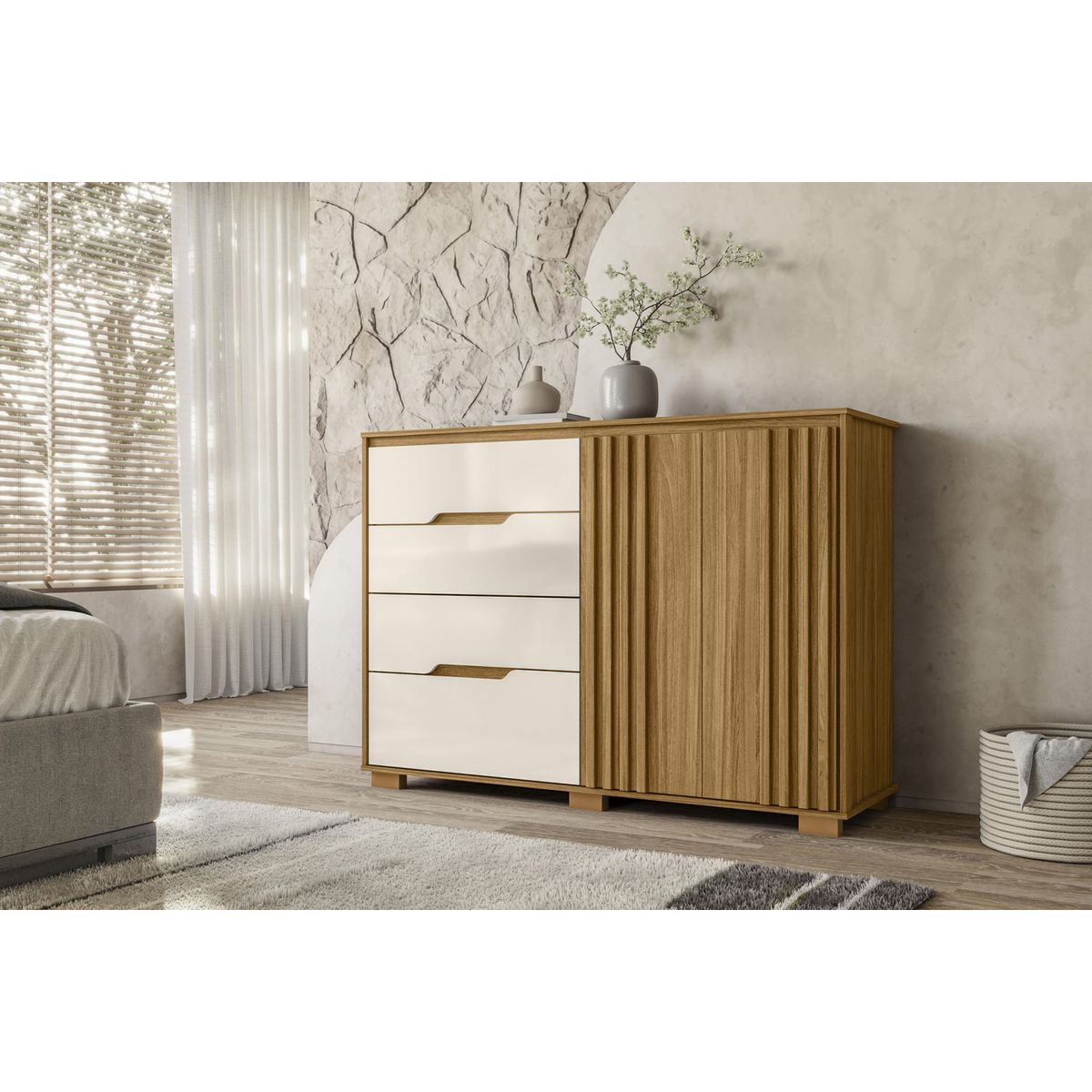 ALTAVISION - Cómoda 2 Puertas 4 Cajón(es) Texas 147x105x47 cm Café / blanco