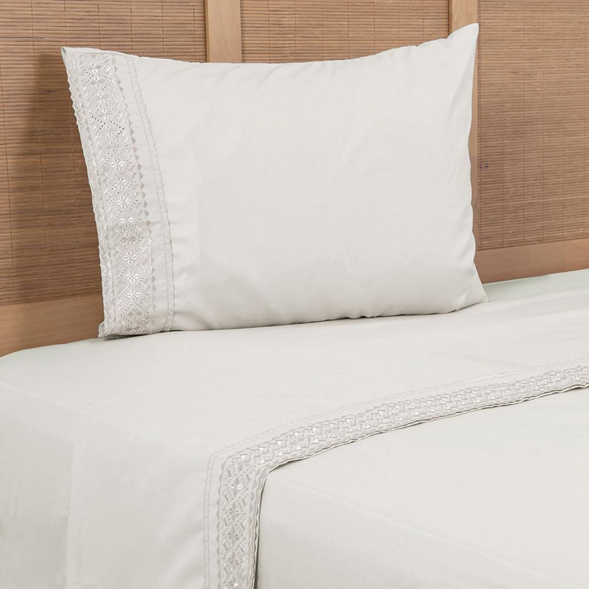 PLUMETTI - Sábana Bordadas 1.5 plazas 144 Hilos Beige