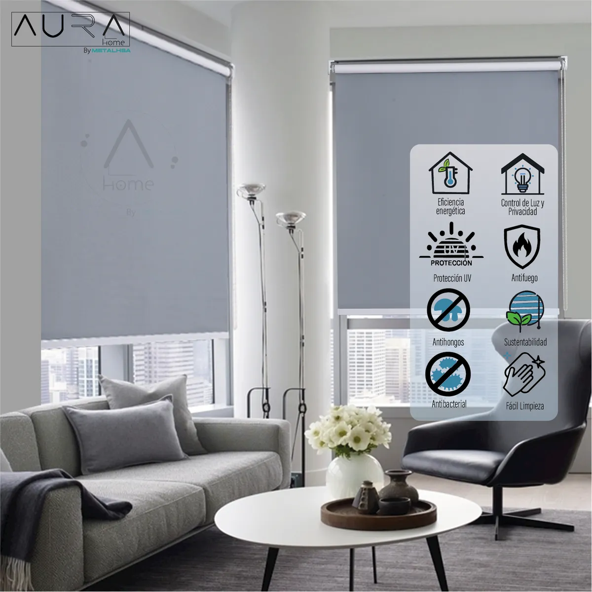 AURA - Cortina Roller Black Out Poliéster Gris