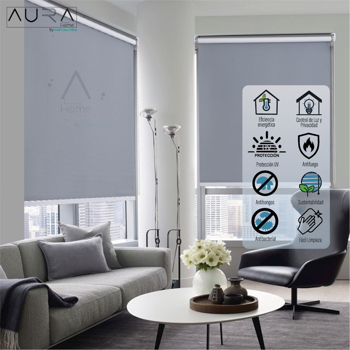 AURA - Cortina Roller Black Out Poliéster Gris