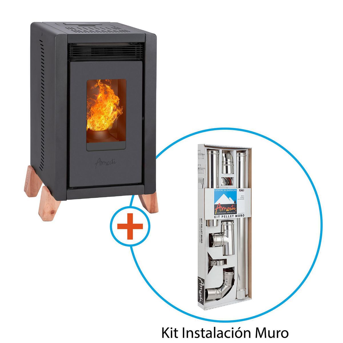 AMESTI - Estufa Pellet 01-402/Kit Instalación Muro Negro
