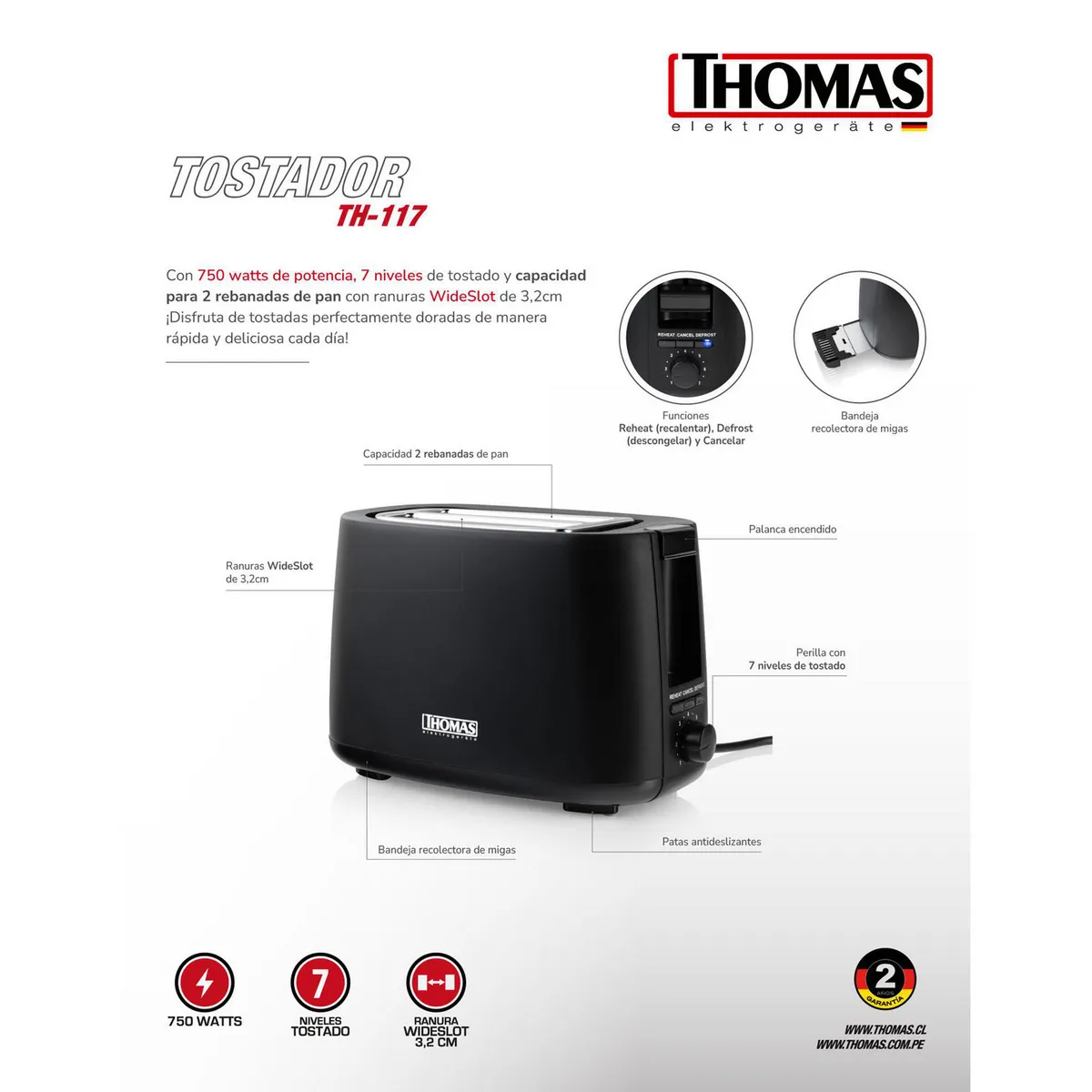THOMAS - Tostador 2 Rebanadas Negro TH-117