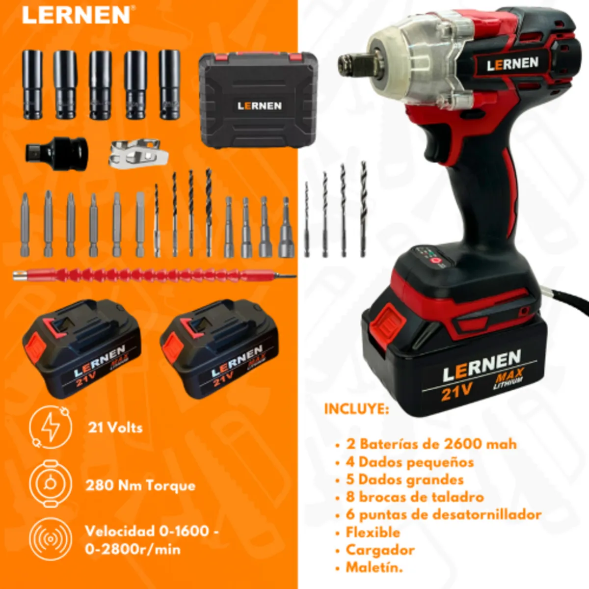 LERNEN - Llave de impacto inalámbrica 1/2" + 2 baterías + accesorios