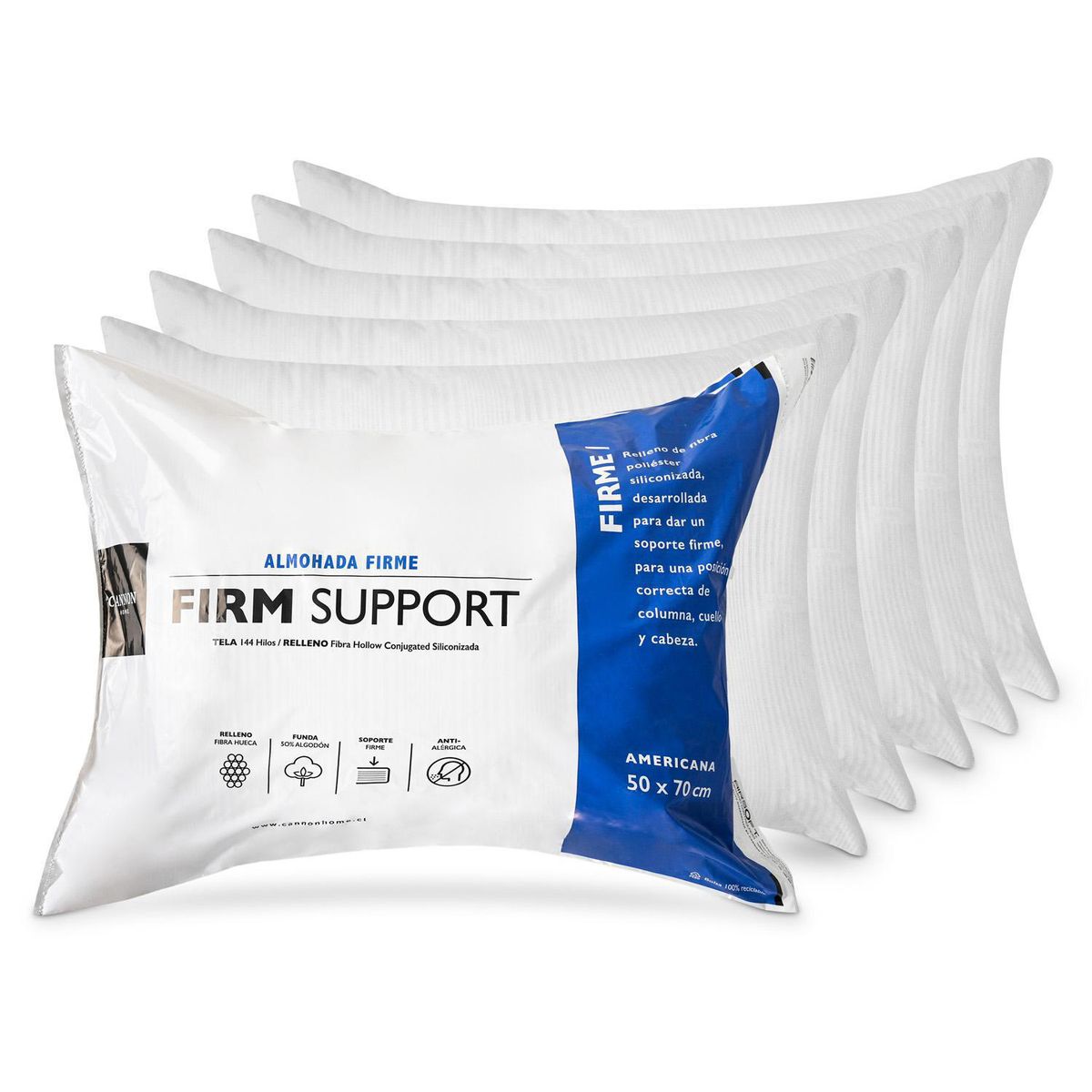 CANNON - Pack 6 Almohadas Firm Support de Fibra sintética para Dormir 50x70 cm