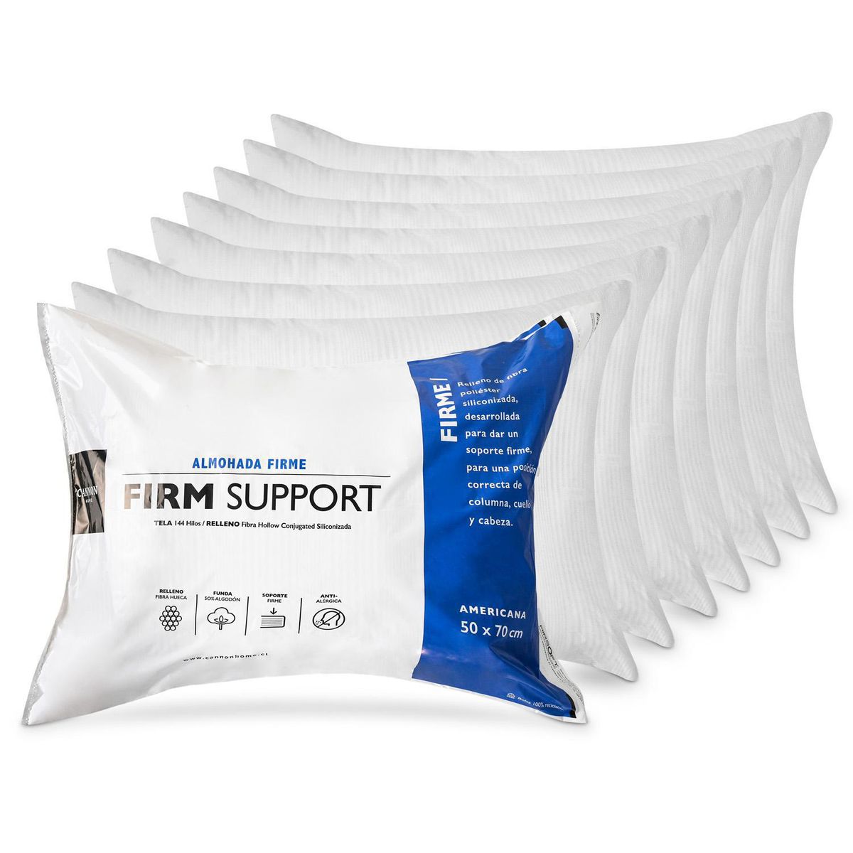 CANNON - Pack 8 Almohadas Firm Support de Fibra sintética para Dormir 50x70 cm