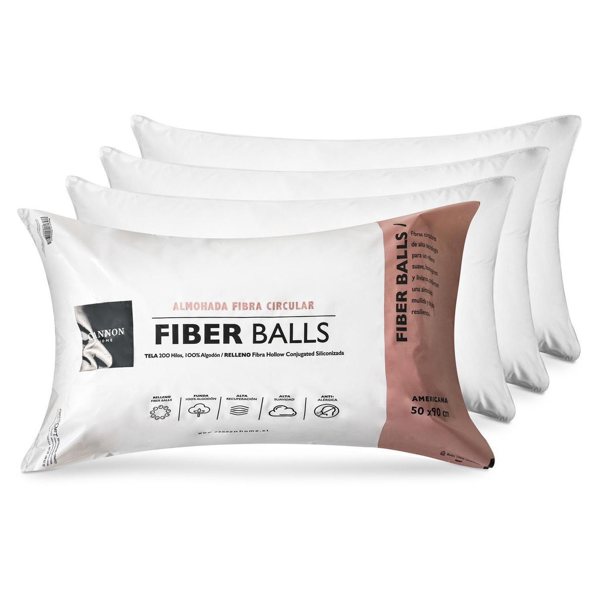 CANNON - Pack 4 Almohadas Fiber Balls de Fibra sintética para Dormir 50x90 cm