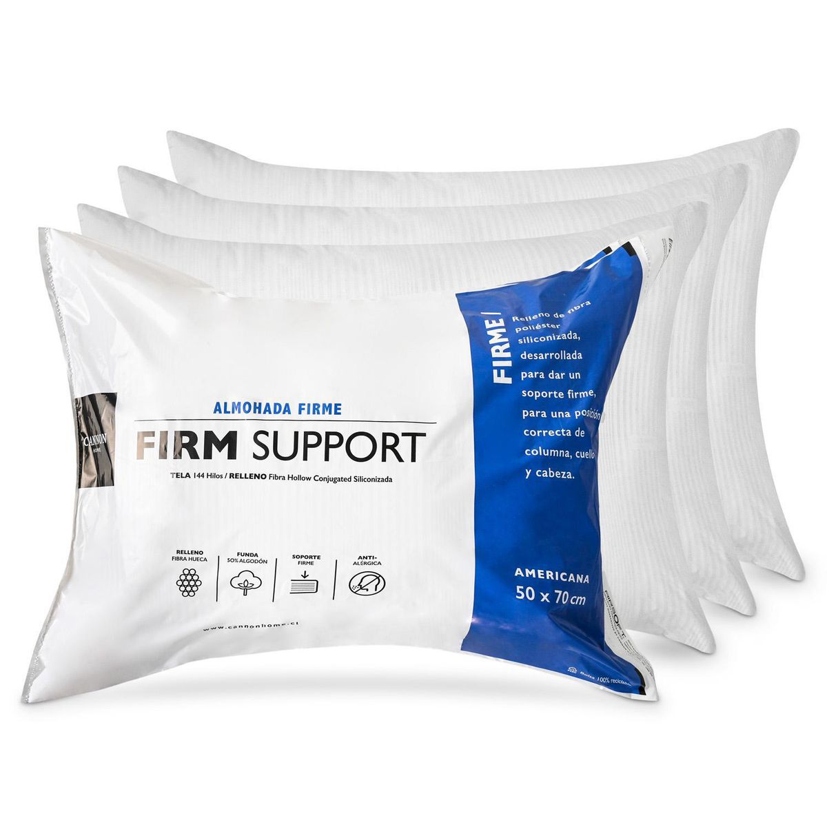 CANNON - Pack 4 Almohadas Firm Support de Fibra sintética para Dormir 50x70 cm
