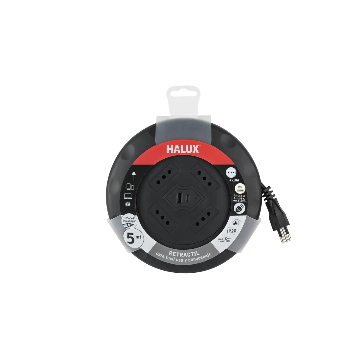 HALUX - Alargador Retráctil 2 USB 4 Toma(s) 5 m Negro