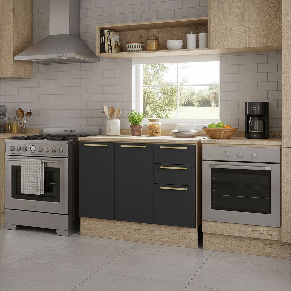 DUSCHY - Mueble Base con Cubierta 3 Puertas Y 2 Cajones Grafito