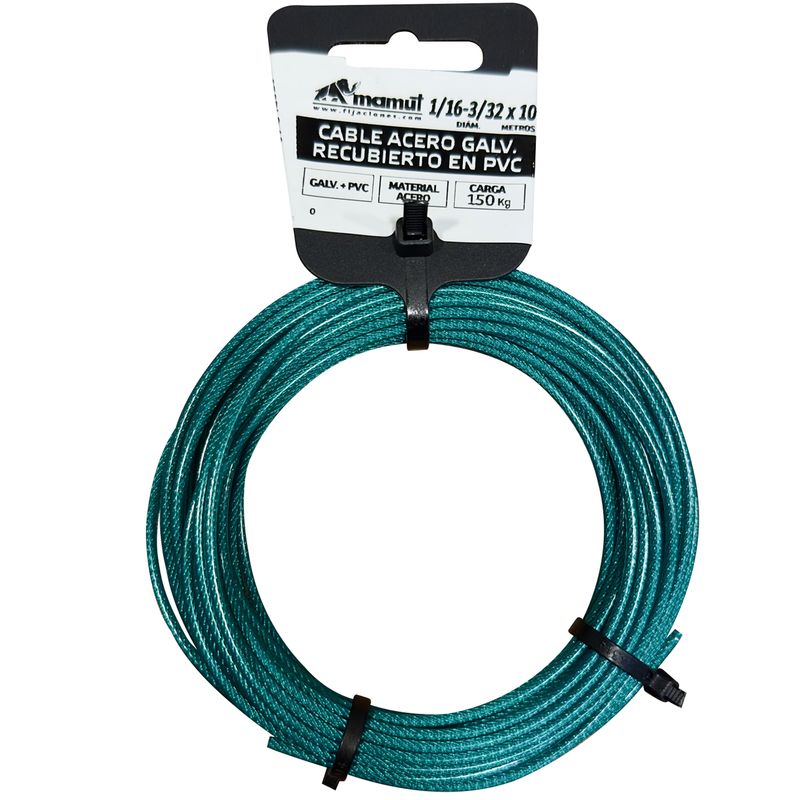 MAMUT - Cable de acero 6x7 + FC galvanizado recub. PVC  Ver 1/16-3/32 x 10 mt